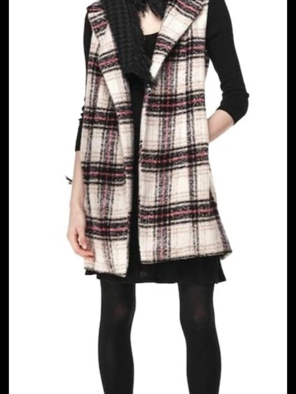 Thakoon for Design Nation Plaid  Sleeveless Long Vest Jacket Cream Black Pink XL